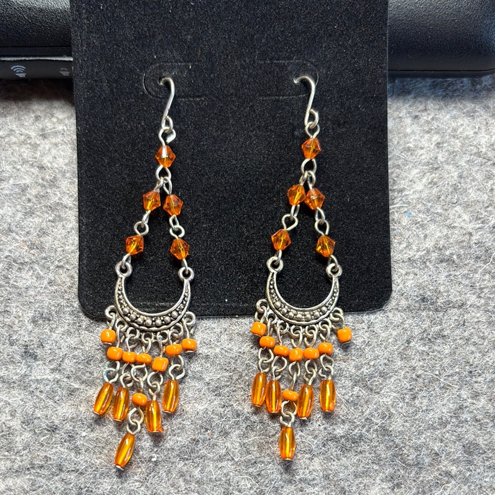 Boho Chandelier Earrings Orange Glass Beads Silver Tone Gypsy Festival Dangle